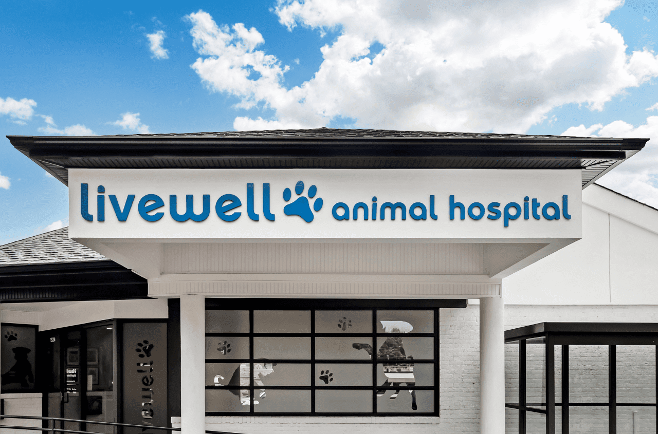 The outside of Livewell Animal Hospital of Elizabeth including a shot of their signage